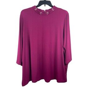 Susan Graver Fucshia 3/4 Sleeve Liquid Knit High Detailed Neck Relaxed Top 3x